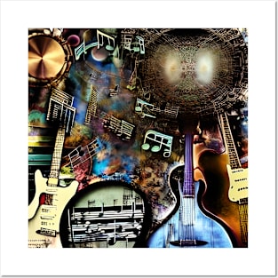 Abstract Image Of Guitars and Musical Notation Posters and Art